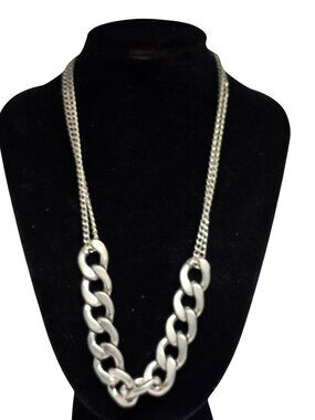 Silver Tone Chunky Chain Link Statement Necklace Double Chain Modern Fashion 18"